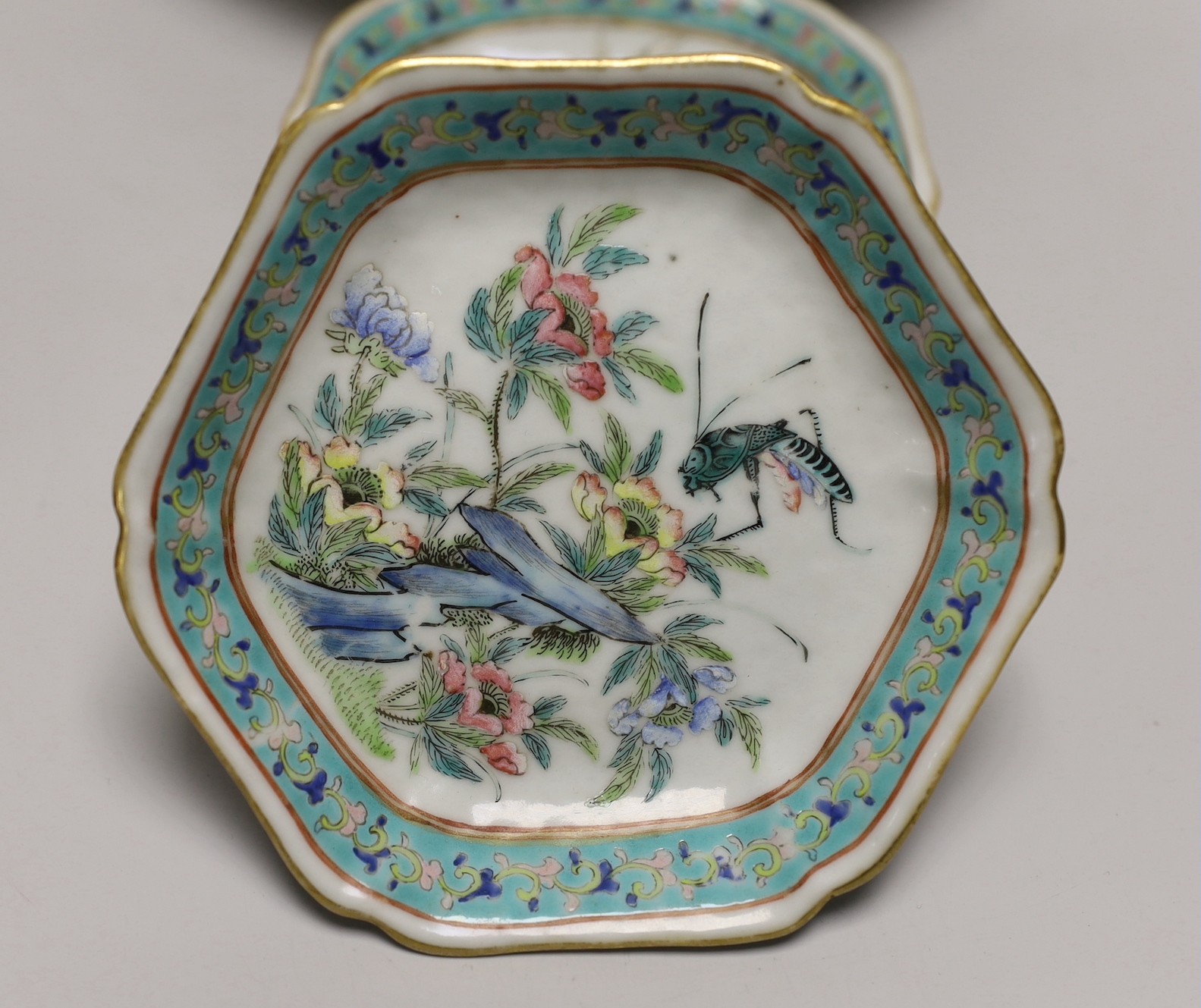 A set of Chinese famille rose bird or insect and flowers dishes, Tongzhi mark and period (1862-74), largest 23 cm wide